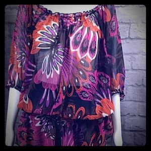 💜 Pure Energy bold floral, psychedelic blouson top Size 1X with 3/4 Sleeves